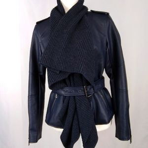 G.I.L.I Ink Blue Faux Leather Sweater Biker Coat S